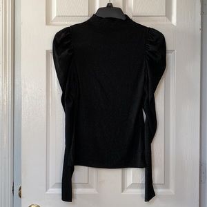 Black Metallic Sparkle Puff Puffed Sleeves Nylon Turtleneck Top